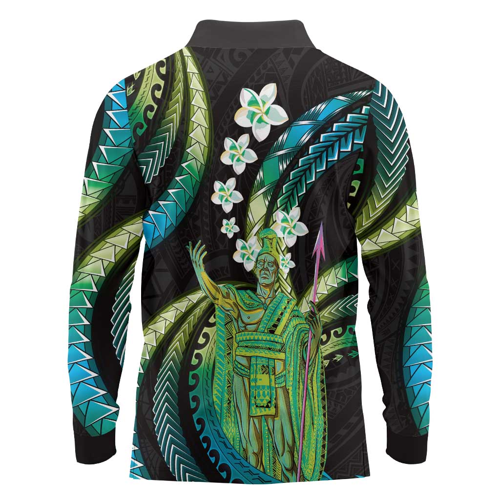 Hawaii King Kamehameha Long Sleeve Polo Shirt Fantastic Plumeria Chartreuse Cyan