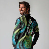 Hawaii King Kamehameha Long Sleeve Polo Shirt Fantastic Plumeria Chartreuse Cyan