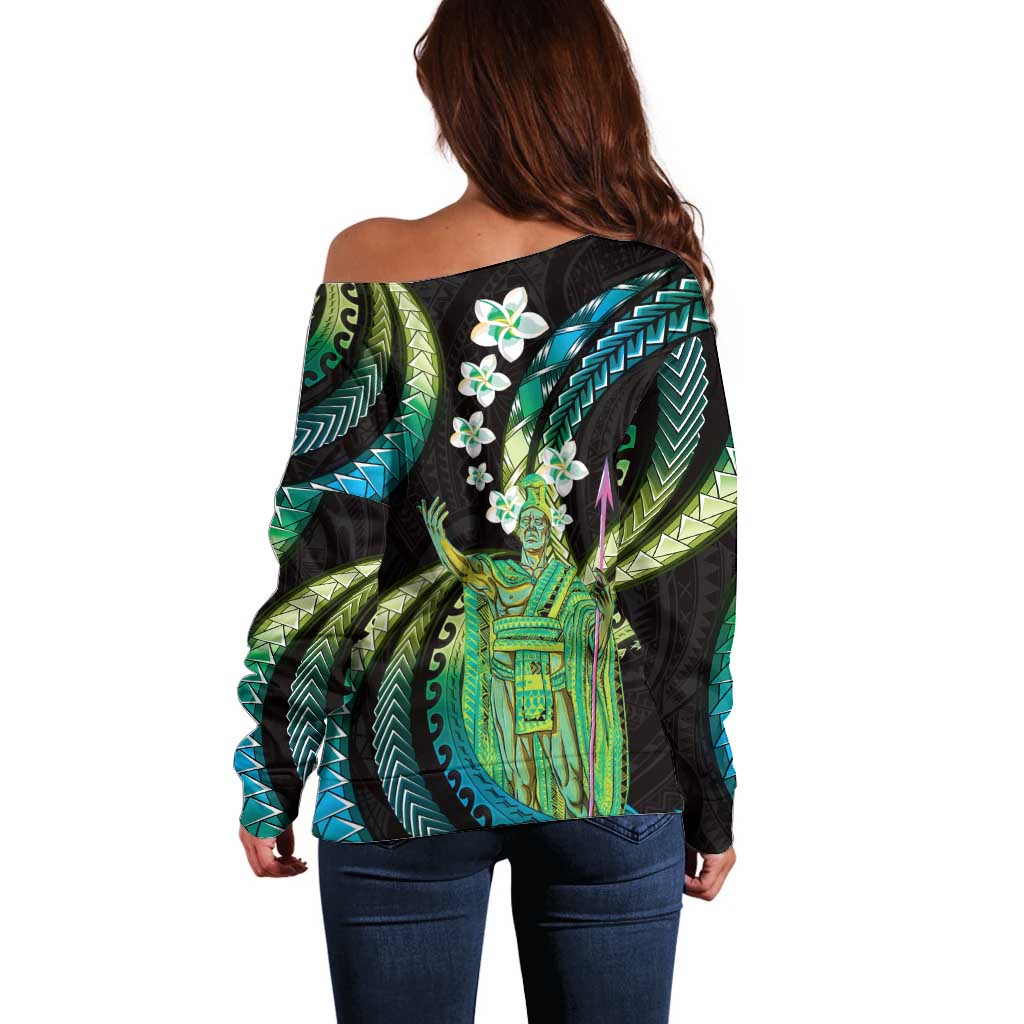 Hawaii King Kamehameha Off Shoulder Sweater Fantastic Plumeria Chartreuse Cyan