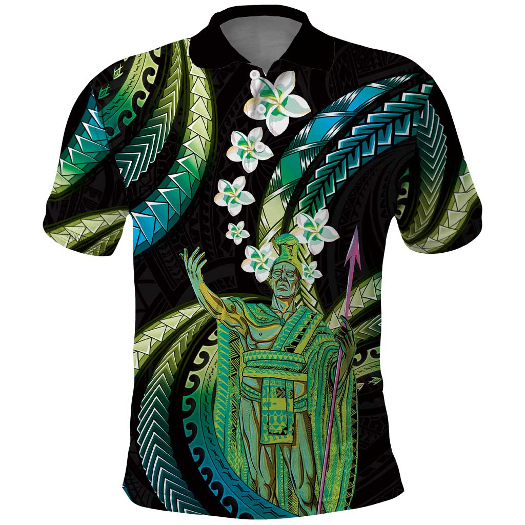 Hawaii King Kamehameha Polo Shirt Fantastic Plumeria Chartreuse Cyan
