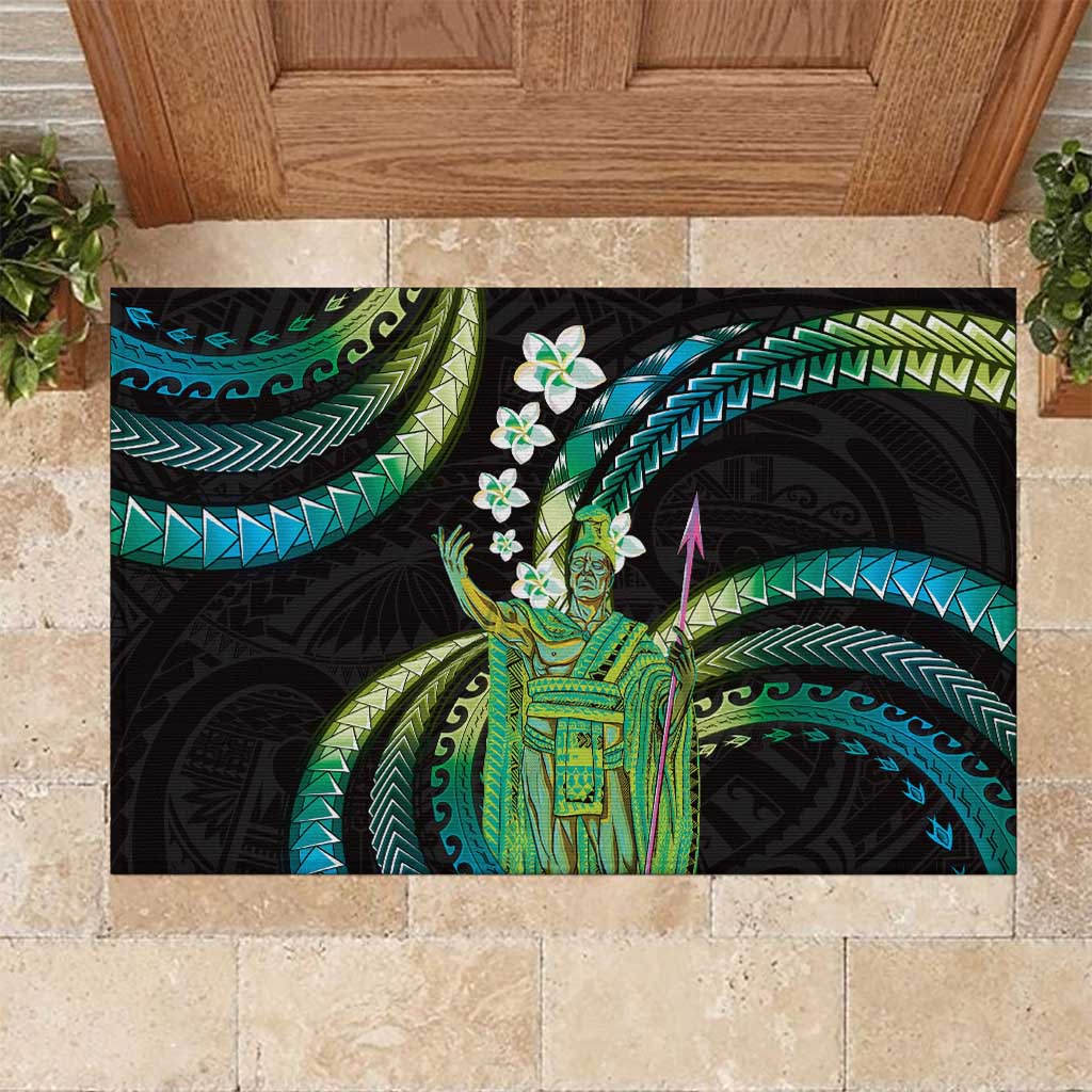 Hawaii King Kamehameha Rubber Doormat Fantastic Plumeria Chartreuse Cyan