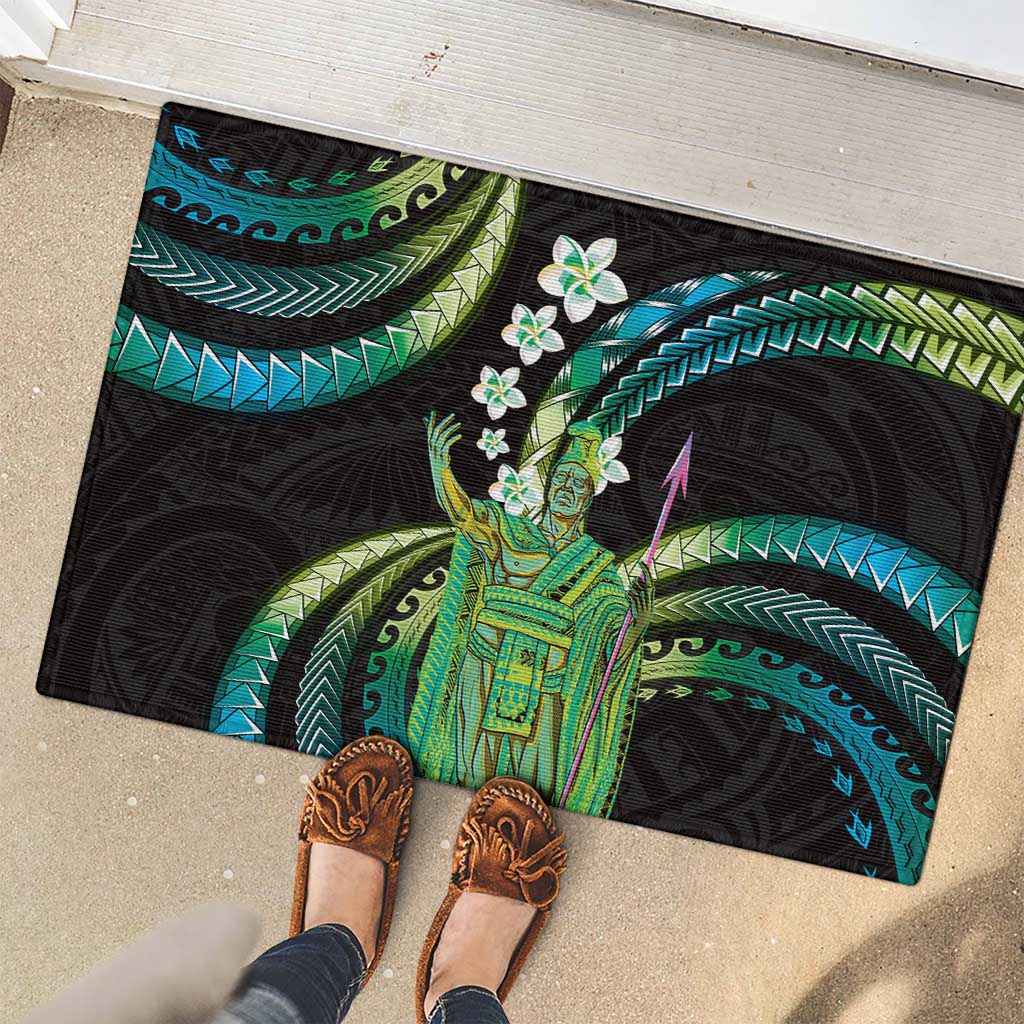 Hawaii King Kamehameha Rubber Doormat Fantastic Plumeria Chartreuse Cyan