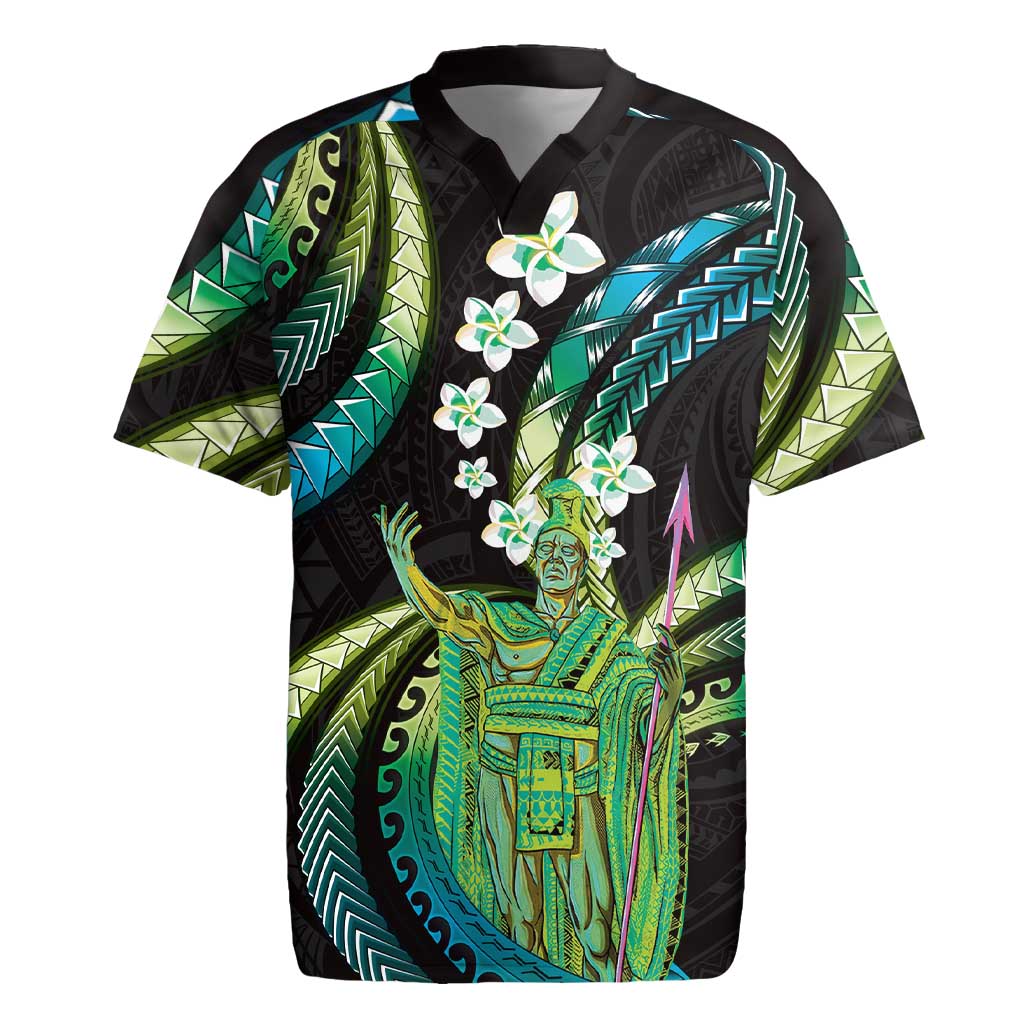 Hawaii King Kamehameha Rugby Jersey Fantastic Plumeria Chartreuse Cyan