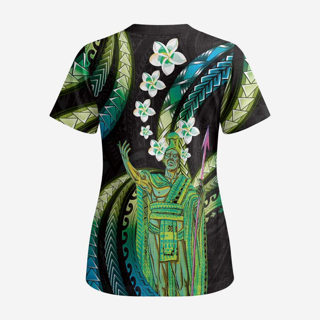 Hawaii King Kamehameha Scrub Top Fantastic Plumeria Chartreuse Cyan - Polynesian Pride