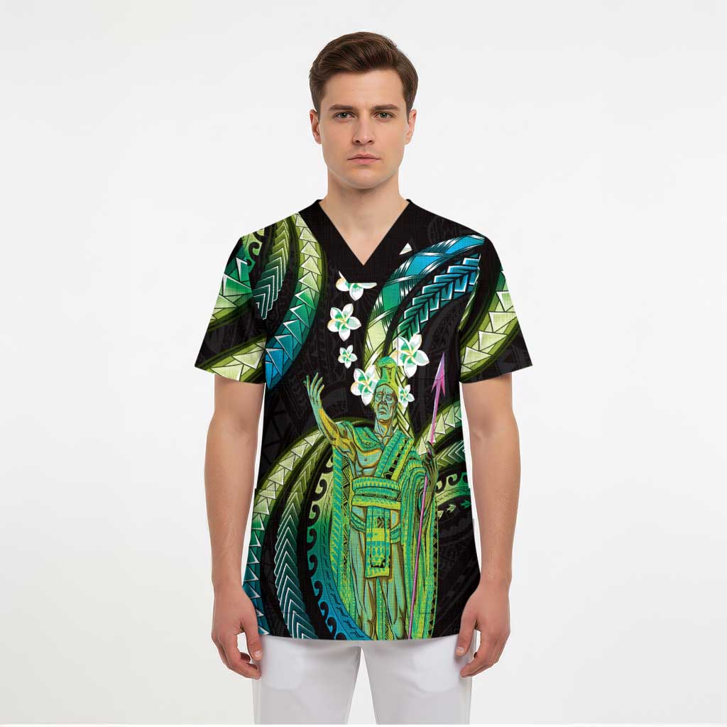 Hawaii King Kamehameha Scrub Top Fantastic Plumeria Chartreuse Cyan - Polynesian Pride