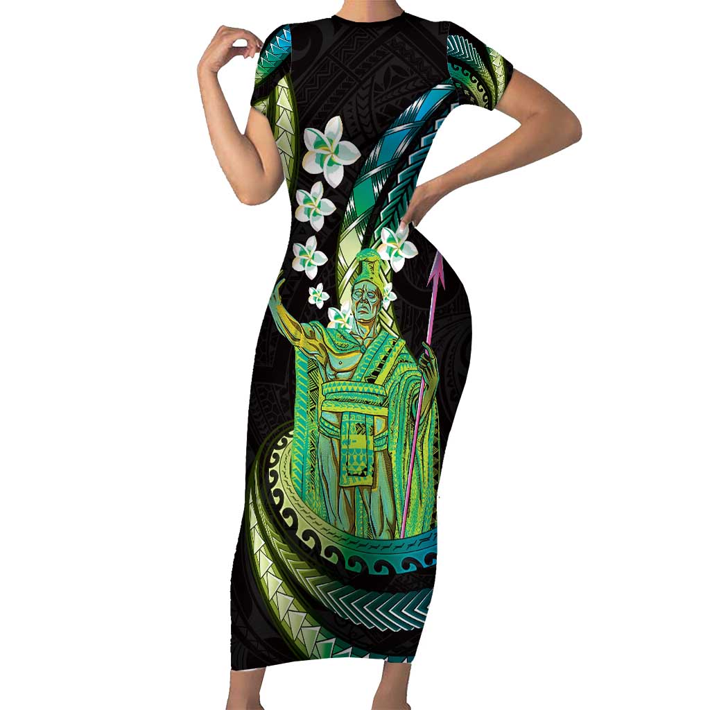 Hawaii King Kamehameha Short Sleeve Bodycon Dress Fantastic Plumeria Chartreuse Cyan