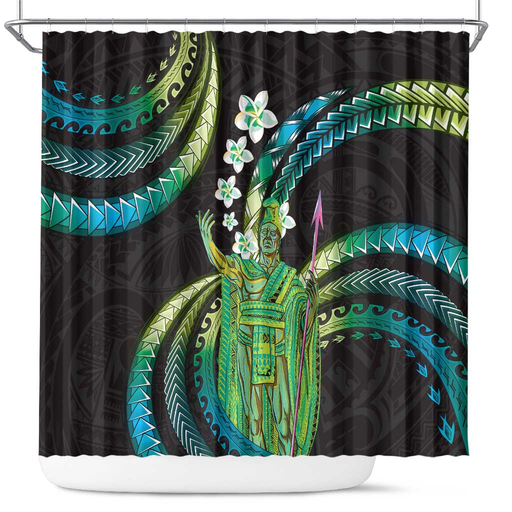 Hawaii King Kamehameha Shower Curtain Fantastic Plumeria Chartreuse Cyan
