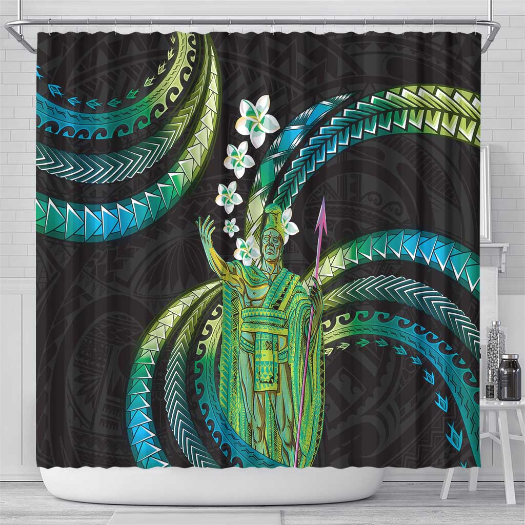 Hawaii King Kamehameha Shower Curtain Fantastic Plumeria Chartreuse Cyan