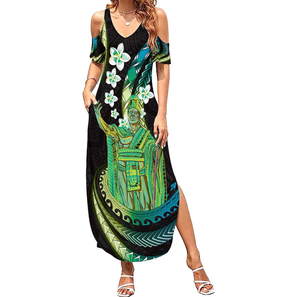 Hawaii King Kamehameha Summer Maxi Dress Fantastic Plumeria Chartreuse Cyan