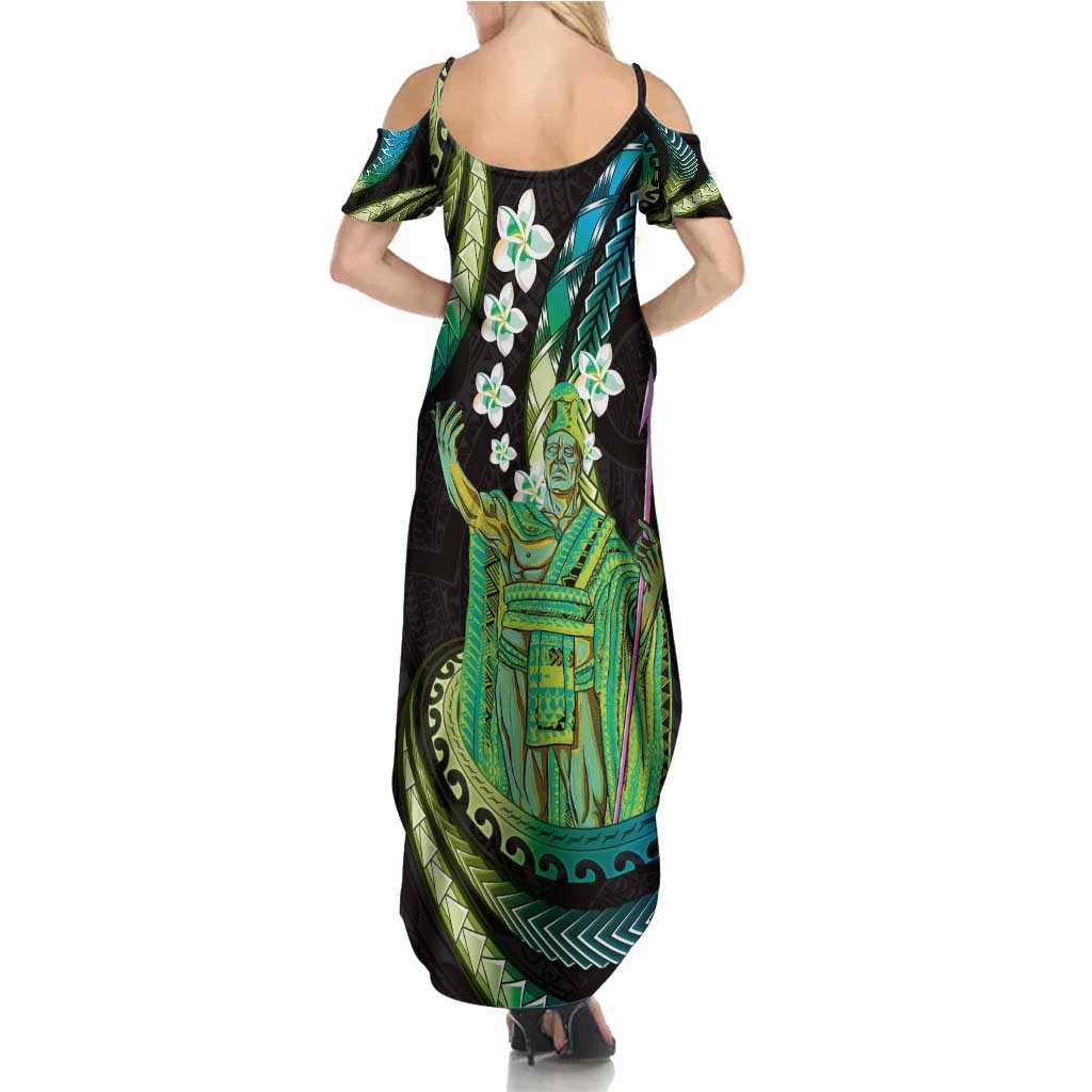 Hawaii King Kamehameha Summer Maxi Dress Fantastic Plumeria Chartreuse Cyan