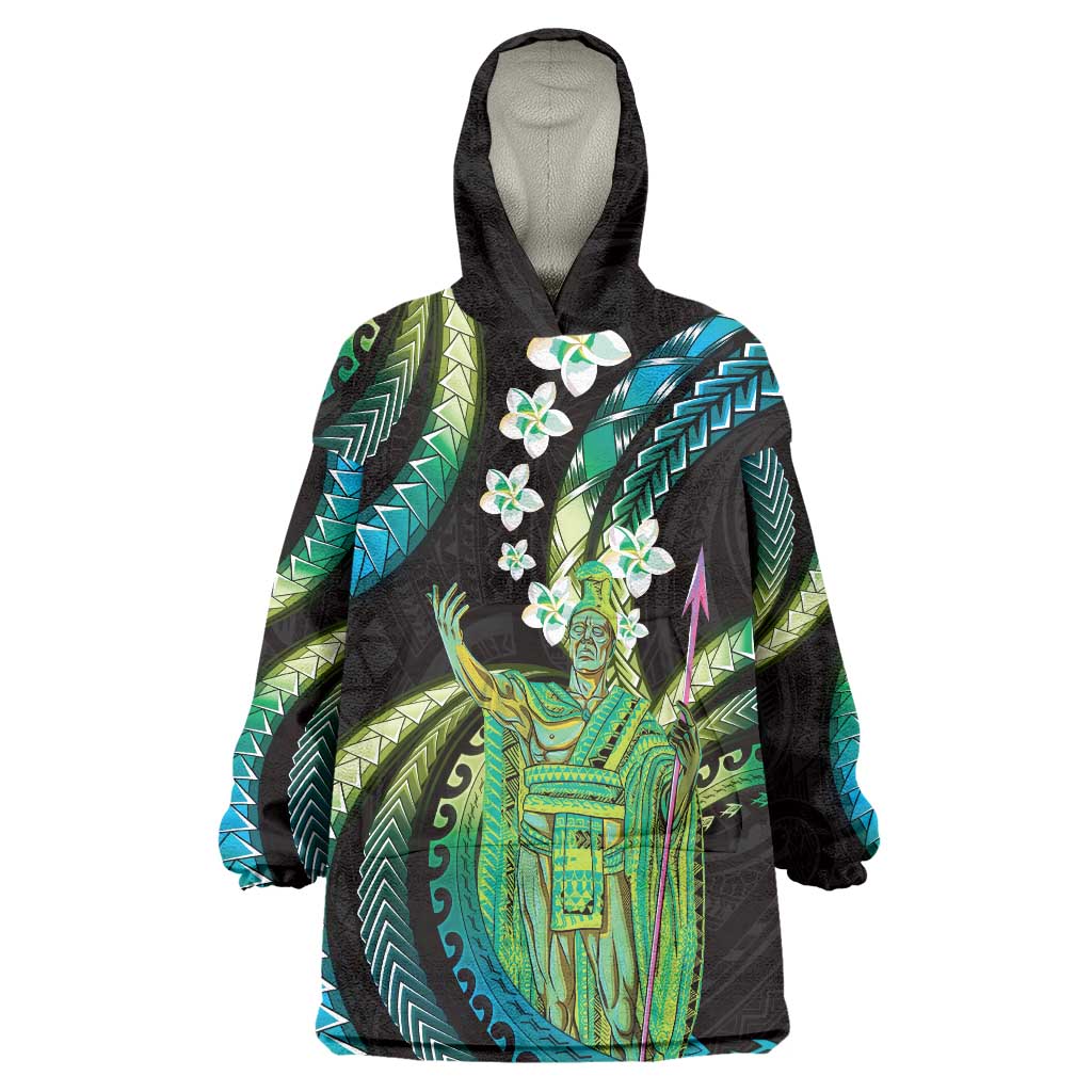 Hawaii King Kamehameha Wearable Blanket Hoodie Fantastic Plumeria Chartreuse Cyan
