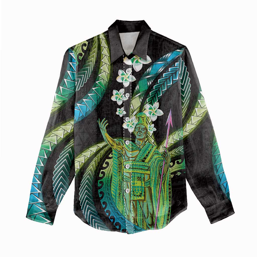 Hawaii King Kamehameha Women Casual Shirt Fantastic Plumeria Chartreuse Cyan