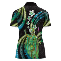 Hawaii King Kamehameha Women Polo Shirt Fantastic Plumeria Chartreuse Cyan