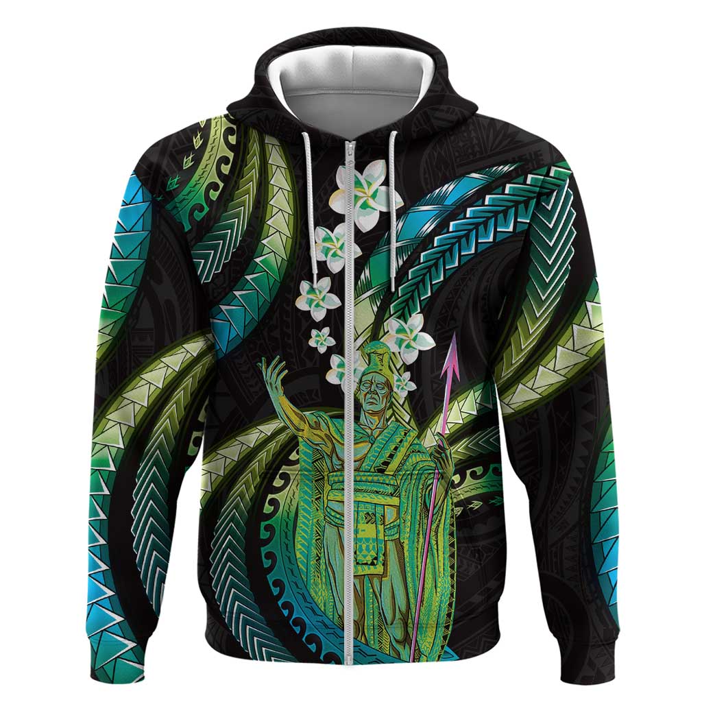 Hawaii King Kamehameha Zip Hoodie Fantastic Plumeria Chartreuse Cyan