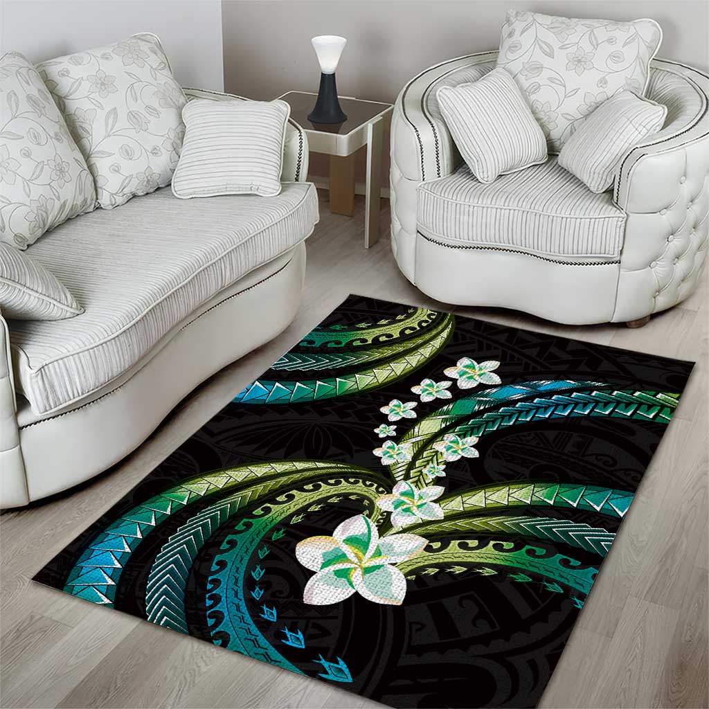 Hawaii Plumeria Area Rug Chartreuse Cyan Polynesian Pattern
