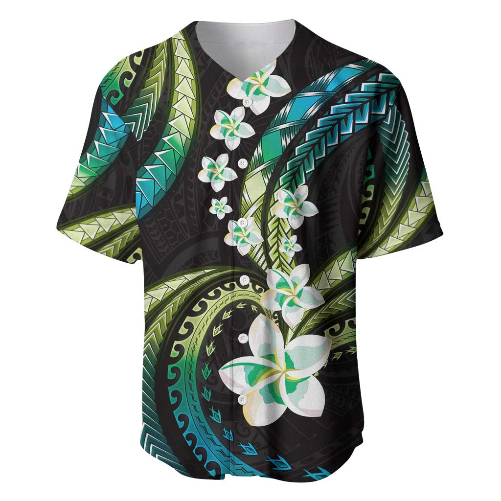 Hawaii Plumeria Baseball Jersey Chartreuse Cyan Polynesian Pattern