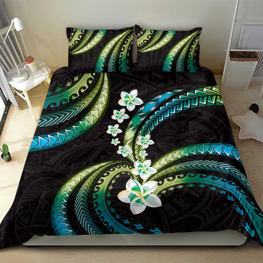 Hawaii Plumeria Bedding Set Chartreuse Cyan Polynesian Pattern