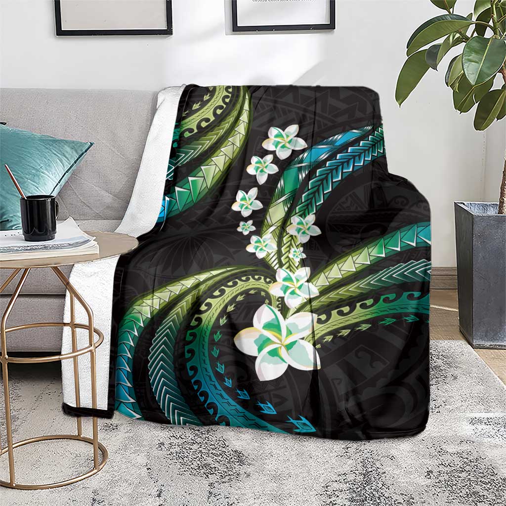 Hawaii Plumeria Blanket Chartreuse Cyan Polynesian Pattern