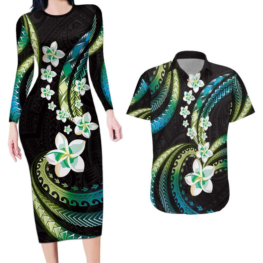 Hawaii Plumeria Couples Matching Long Sleeve Bodycon Dress and Hawaiian Shirt Chartreuse Cyan Polynesian Pattern