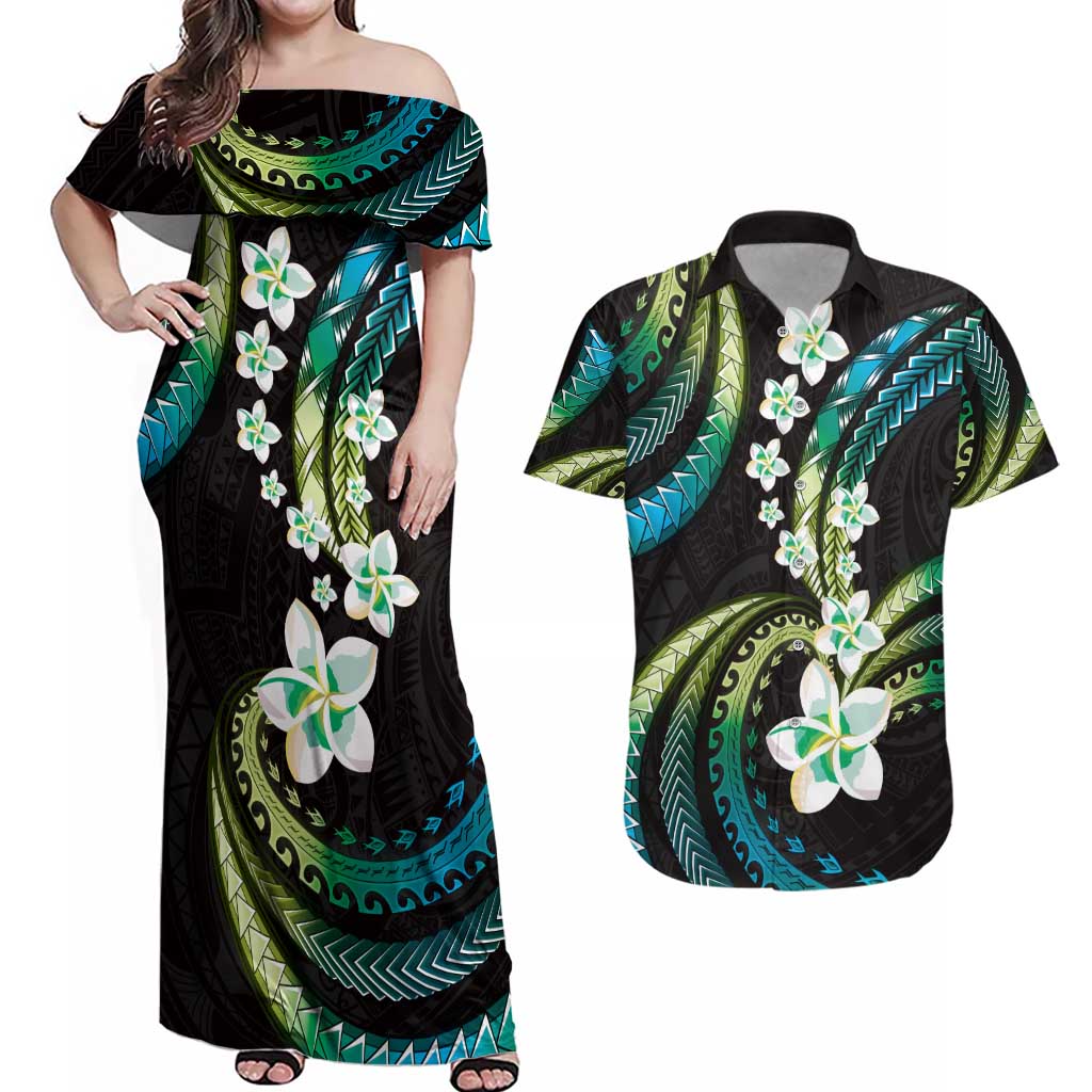 Hawaii Plumeria Couples Matching Off Shoulder Maxi Dress and Hawaiian Shirt Chartreuse Cyan Polynesian Pattern
