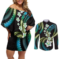 Hawaii Plumeria Couples Matching Off Shoulder Short Dress and Long Sleeve Button Shirt Chartreuse Cyan Polynesian Pattern