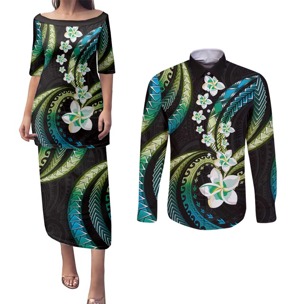 Hawaii Plumeria Couples Matching Puletasi and Long Sleeve Button Shirt Chartreuse Cyan Polynesian Pattern
