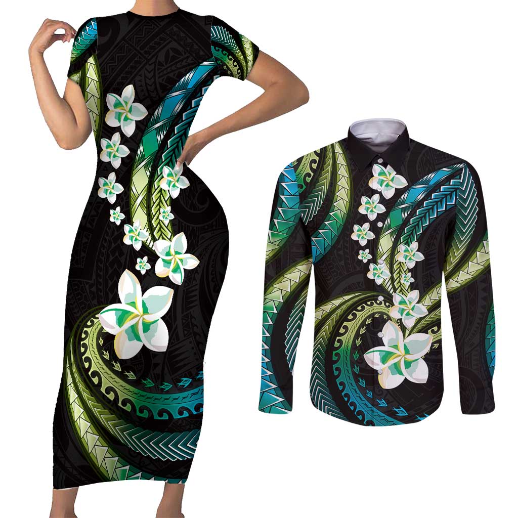 Hawaii Plumeria Couples Matching Short Sleeve Bodycon Dress and Long Sleeve Button Shirt Chartreuse Cyan Polynesian Pattern