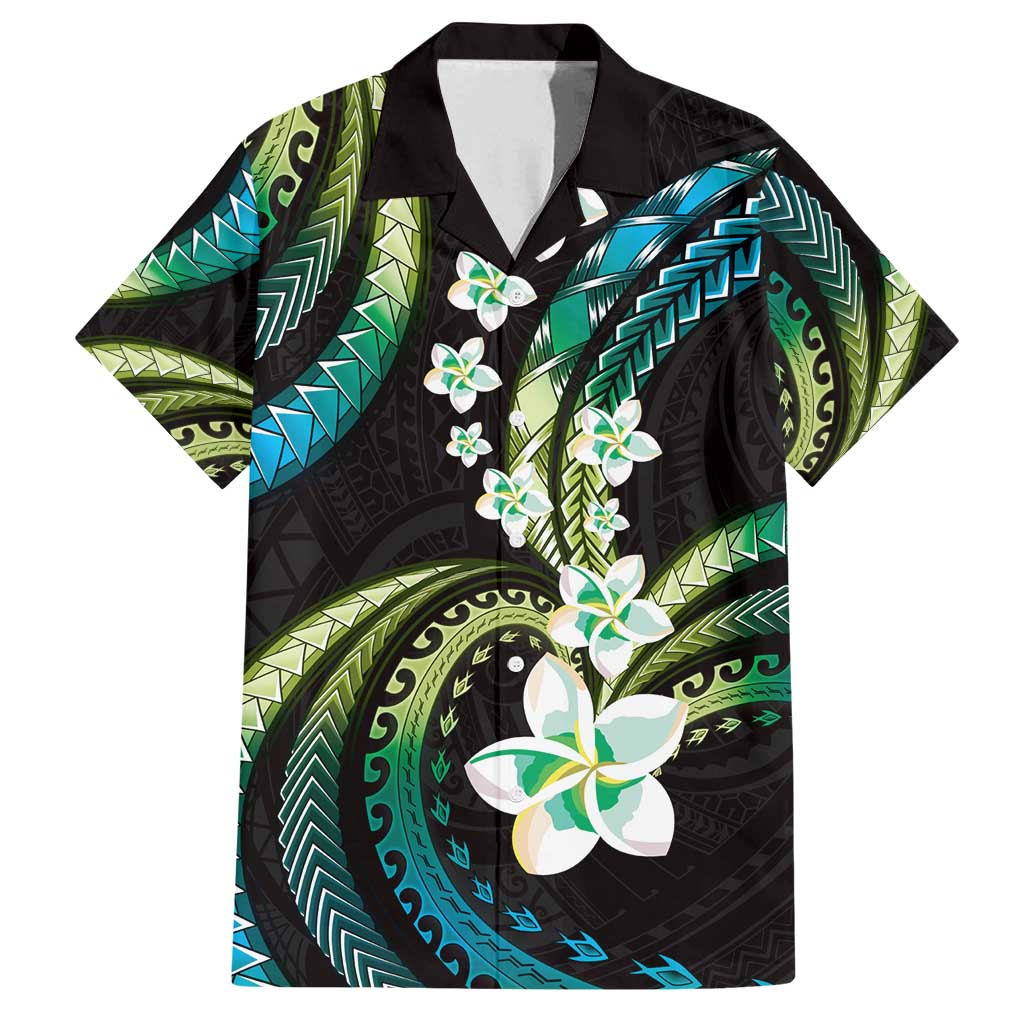 Hawaii Plumeria Family Matching Long Sleeve Bodycon Dress and Hawaiian Shirt Chartreuse Cyan Polynesian Pattern