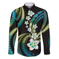 Hawaii Plumeria Family Matching Long Sleeve Bodycon Dress and Hawaiian Shirt Chartreuse Cyan Polynesian Pattern