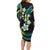 Hawaii Plumeria Family Matching Long Sleeve Bodycon Dress and Hawaiian Shirt Chartreuse Cyan Polynesian Pattern