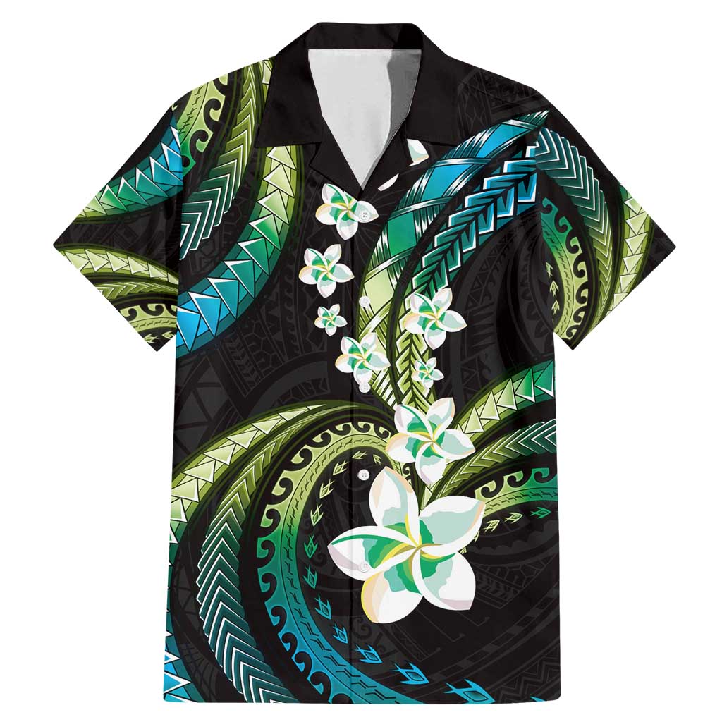 Hawaii Plumeria Family Matching Mermaid Dress and Hawaiian Shirt Chartreuse Cyan Polynesian Pattern