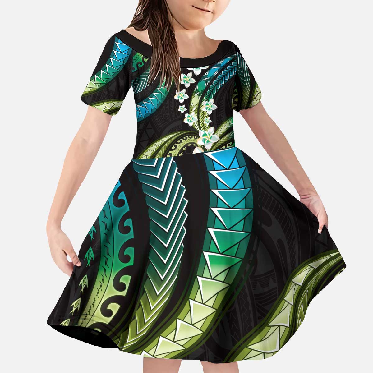Hawaii Plumeria Family Matching Off The Shoulder Long Sleeve Dress and Hawaiian Shirt Chartreuse Cyan Polynesian Pattern
