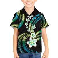 Hawaii Plumeria Family Matching Off The Shoulder Long Sleeve Dress and Hawaiian Shirt Chartreuse Cyan Polynesian Pattern