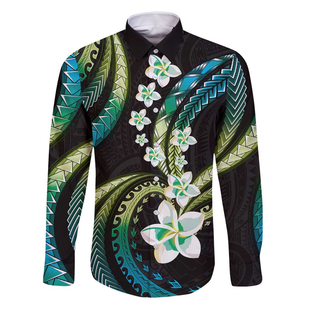 Hawaii Plumeria Family Matching Off Shoulder Maxi Dress and Hawaiian Shirt Chartreuse Cyan Polynesian Pattern