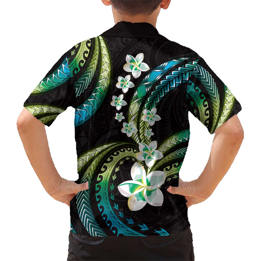 Hawaii Plumeria Family Matching Short Sleeve Bodycon Dress and Hawaiian Shirt Chartreuse Cyan Polynesian Pattern