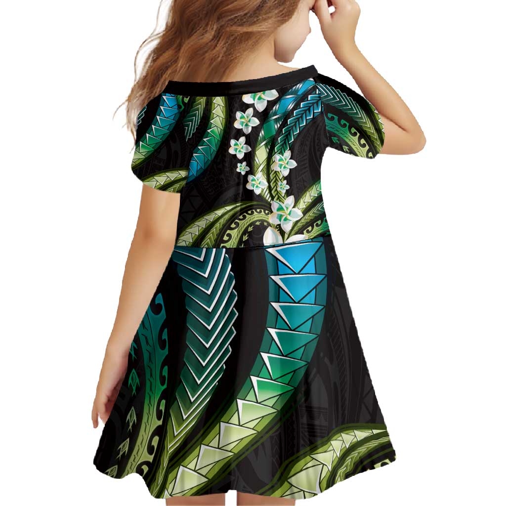 Hawaii Plumeria Family Matching Short Sleeve Bodycon Dress and Hawaiian Shirt Chartreuse Cyan Polynesian Pattern