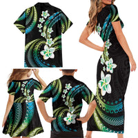 Hawaii Plumeria Family Matching Short Sleeve Bodycon Dress and Hawaiian Shirt Chartreuse Cyan Polynesian Pattern