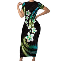 Hawaii Plumeria Family Matching Short Sleeve Bodycon Dress and Hawaiian Shirt Chartreuse Cyan Polynesian Pattern