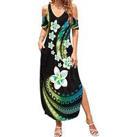 Hawaii Plumeria Family Matching Summer Maxi Dress and Hawaiian Shirt Chartreuse Cyan Polynesian Pattern LT01 Mom's Dress Cyan - Polynesian Pride
