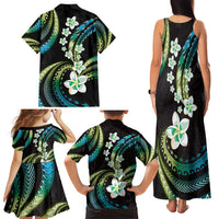 Hawaii Plumeria Family Matching Tank Maxi Dress and Hawaiian Shirt Chartreuse Cyan Polynesian Pattern