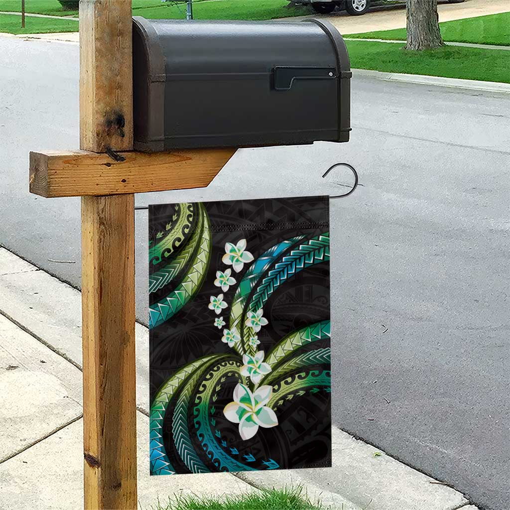 Hawaii Plumeria Garden Flag Chartreuse Cyan Polynesian Pattern