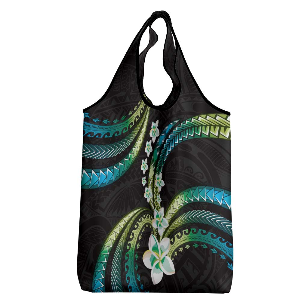 Hawaii Plumeria Grocery Bag Chartreuse Cyan Polynesian Pattern