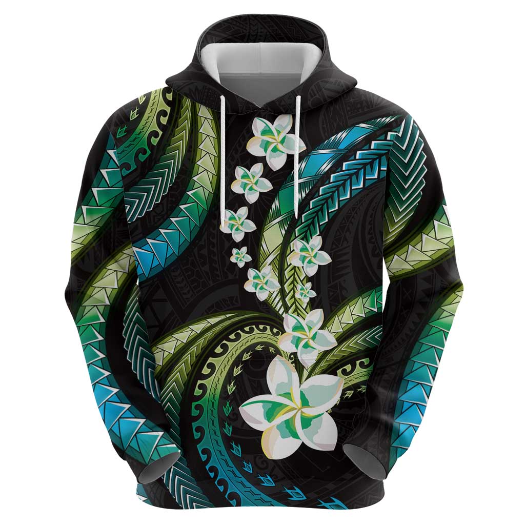Hawaii Plumeria Hoodie Chartreuse Cyan Polynesian Pattern
