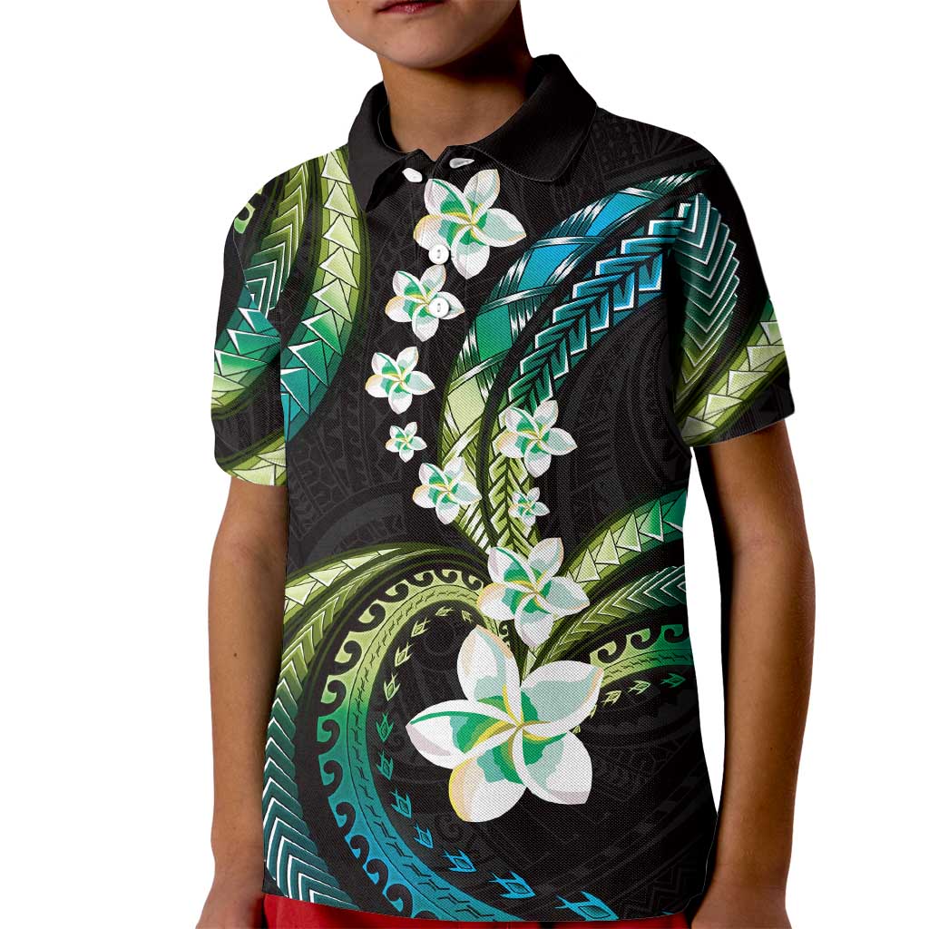 Hawaii Plumeria Kid Polo Shirt Chartreuse Cyan Polynesian Pattern