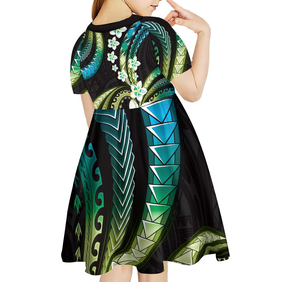 Hawaii Plumeria Kid Short Sleeve Dress Chartreuse Cyan Polynesian Pattern