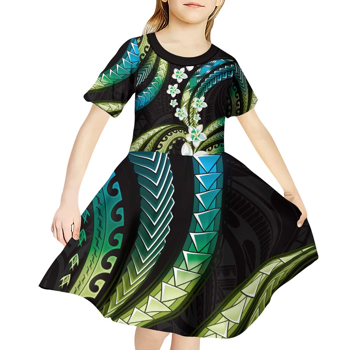 Hawaii Plumeria Kid Short Sleeve Dress Chartreuse Cyan Polynesian Pattern