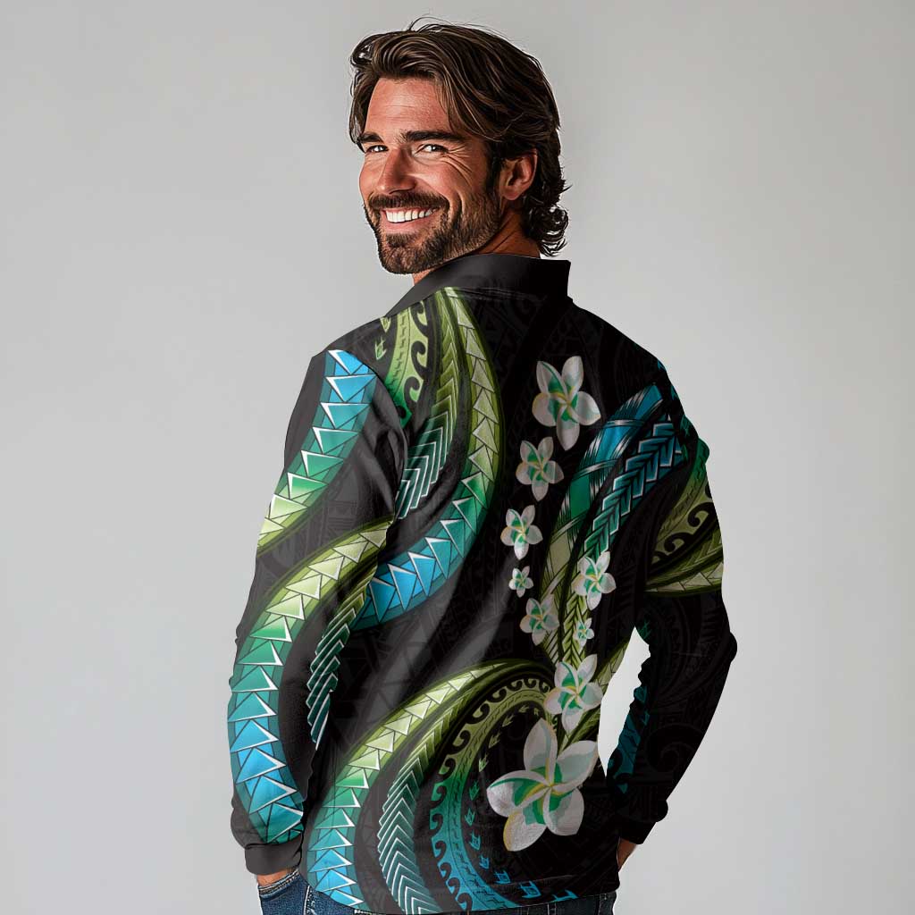 Hawaii Plumeria Long Sleeve Polo Shirt Chartreuse Cyan Polynesian Pattern