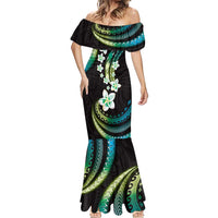 Hawaii Plumeria Mermaid Dress Chartreuse Cyan Polynesian Pattern