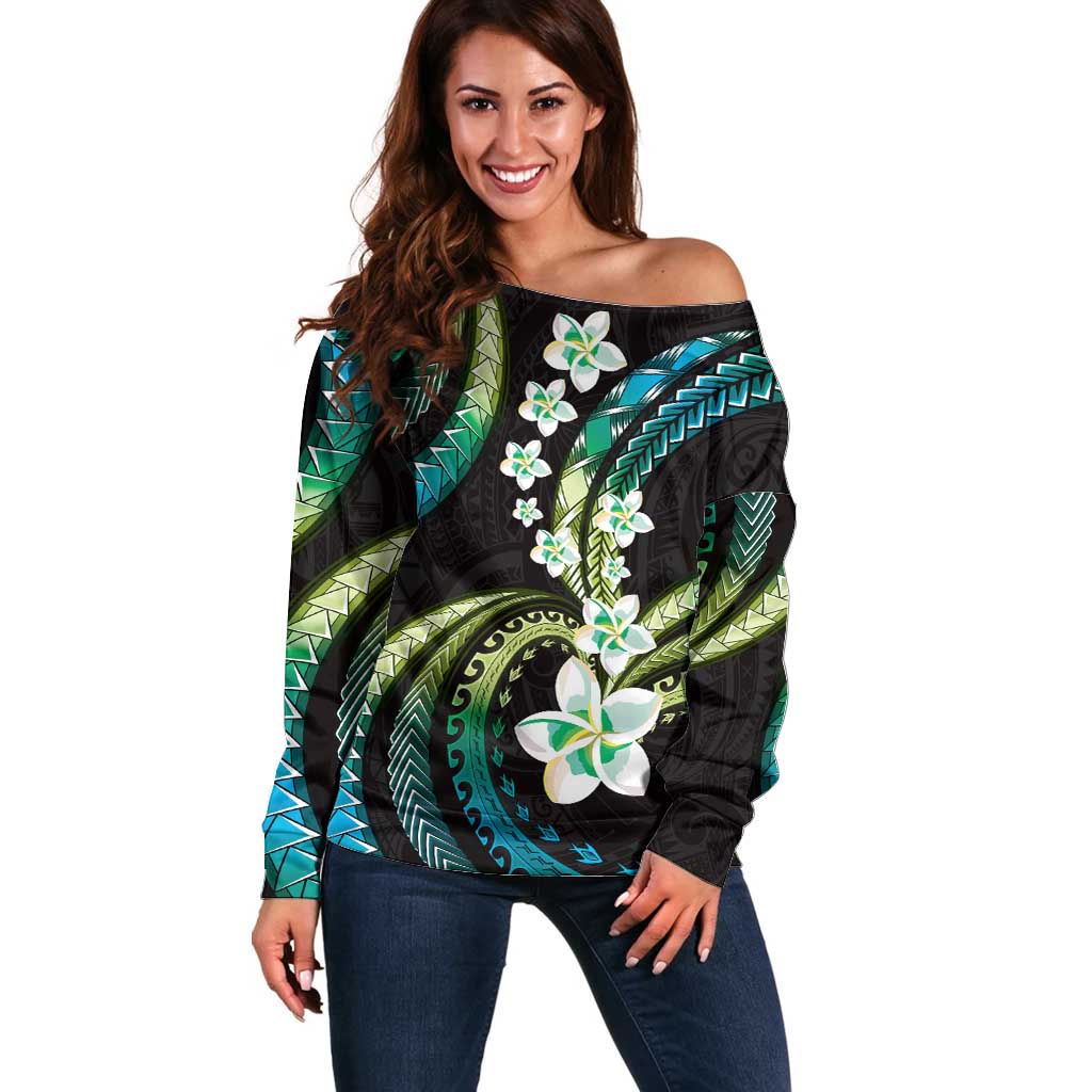 Hawaii Plumeria Off Shoulder Sweater Chartreuse Cyan Polynesian Pattern