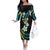 Hawaii Plumeria Off The Shoulder Long Sleeve Dress Chartreuse Cyan Polynesian Pattern